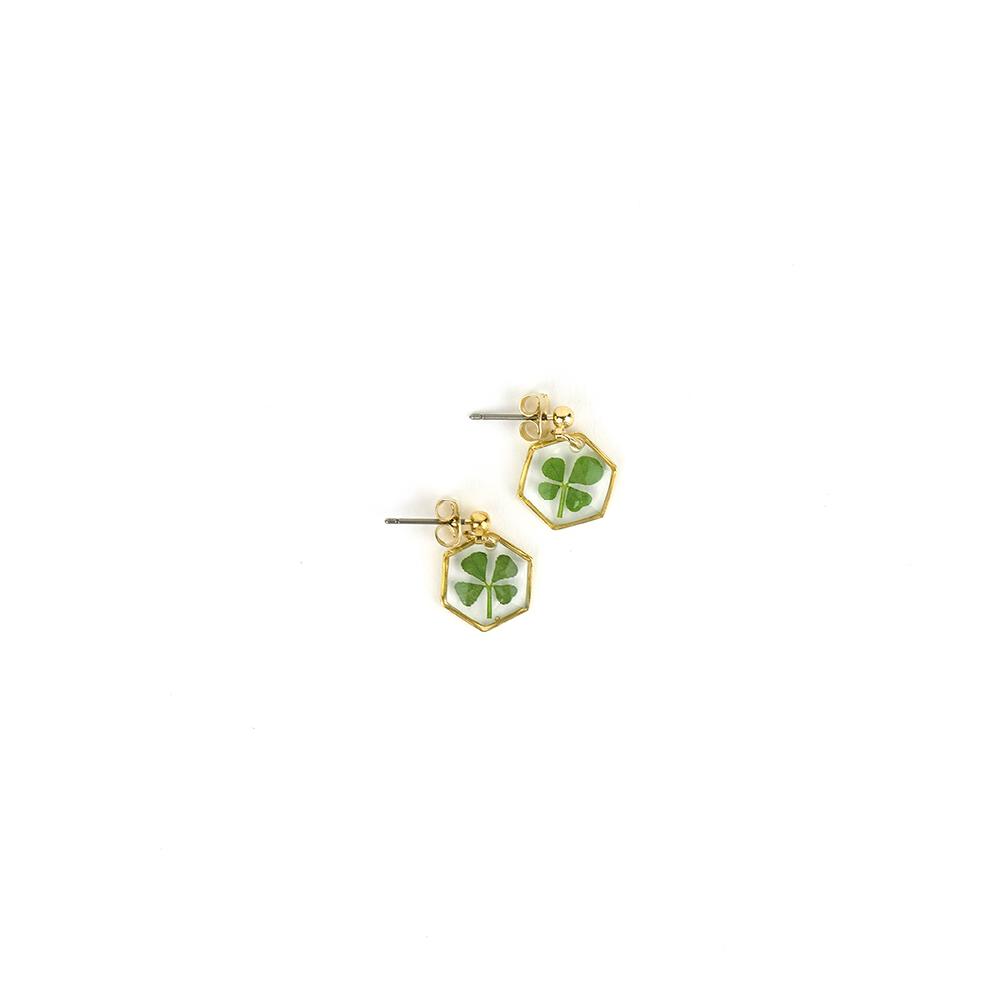 Resin Craft Earring with Four Leaf Clover Dangle Real Lucky Clover Ear Rings - Hexagon Type