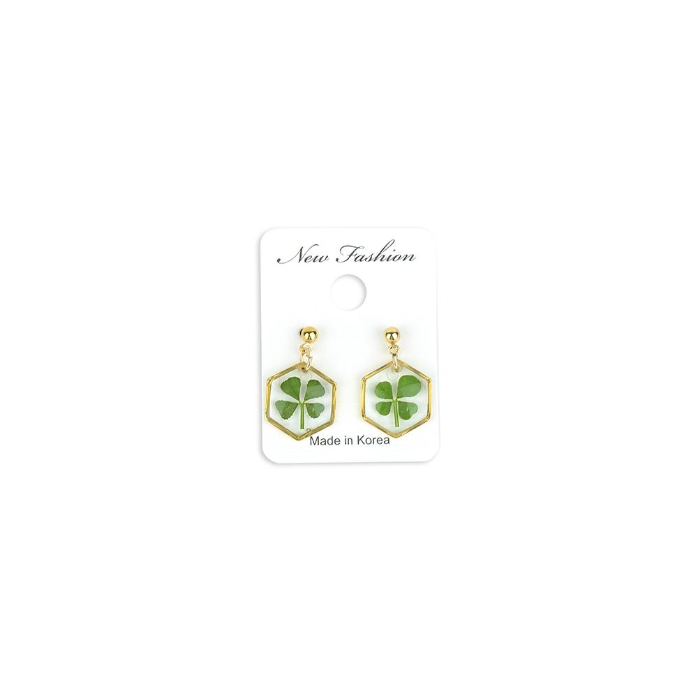 Resin Craft Earring with Four Leaf Clover Dangle Real Lucky Clover Ear Rings - Hexagon Type