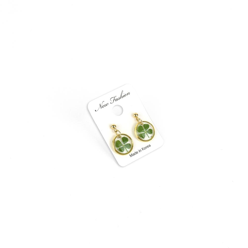 Resin Craft Earring with Four Leaf Clover Dangle Real Lucky Clover Ear Rings - Round Type