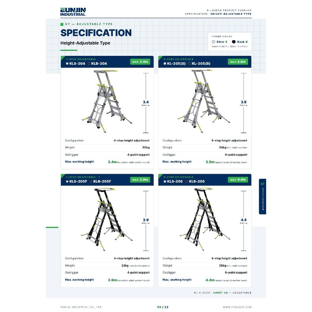 K-LADDER Height-Adjustable Platform Step Ladder KL-205, 6-Point Outrigger, Platform Height 1.3-2.2m, S-Mark Certified